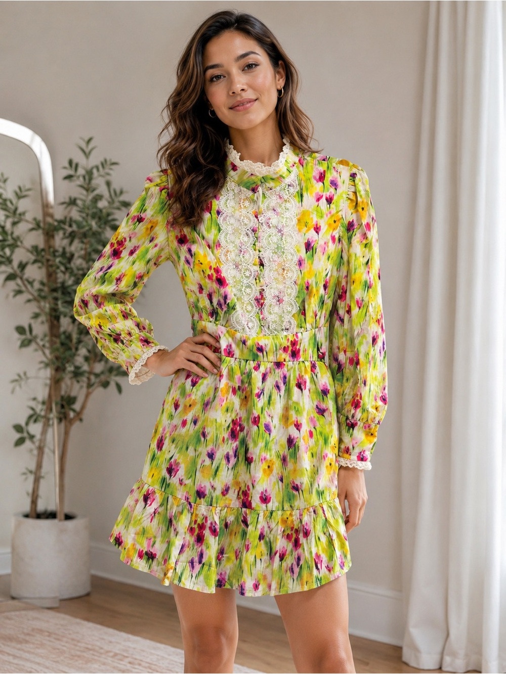 Floral Lace-Trim Long Sleeve Mini Dress - Yellow & Pink